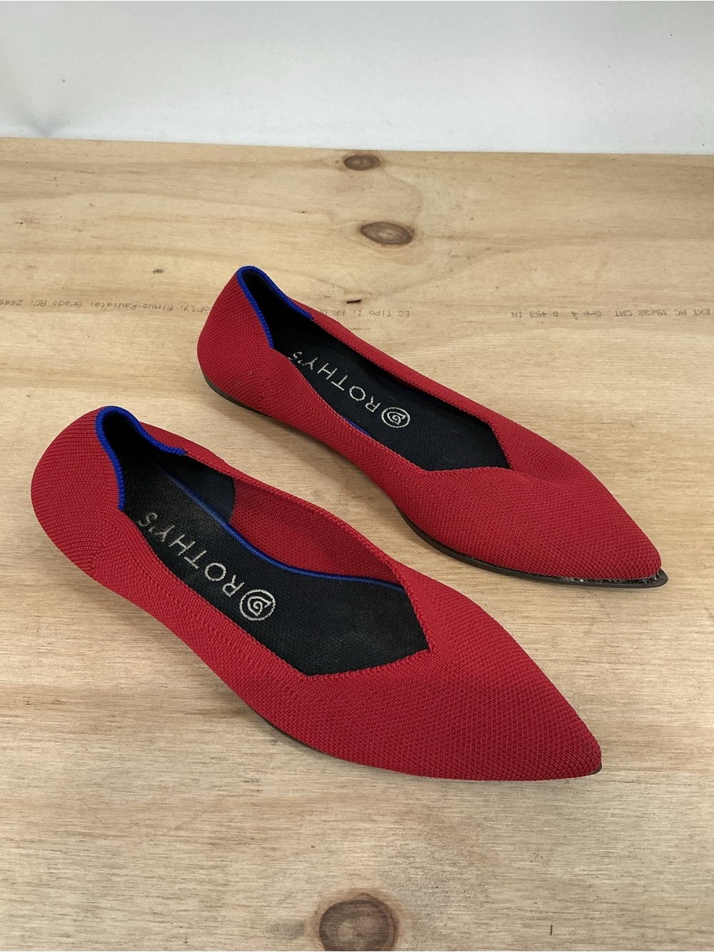Rothy's Red Pointed-Toe Knit Flats with Blue Trim Size 10